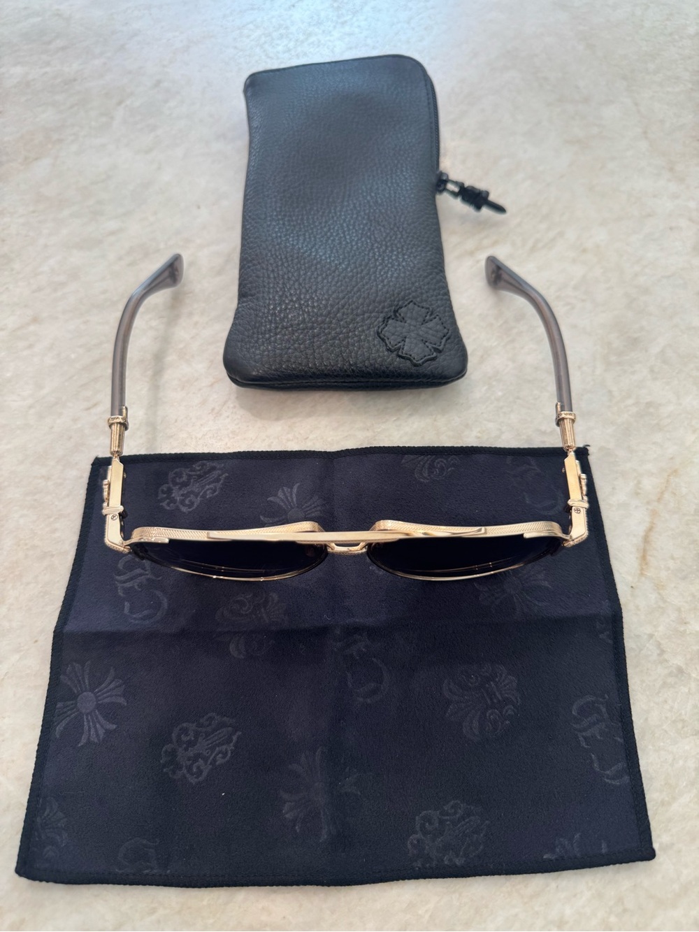 Chrome Hearts Gold Frame Black Lens Sunglasses with Black Accessories